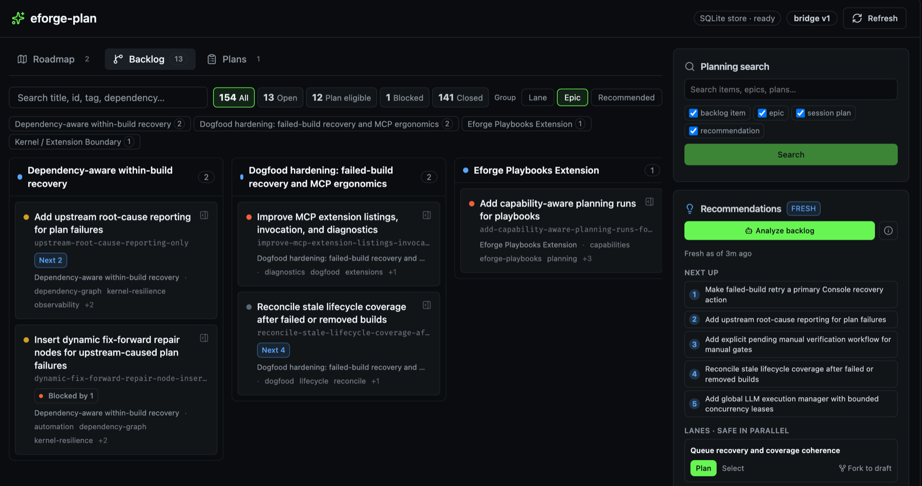 The eforge-plan planning workstation showing an epic-grouped backlog, planning search, fresh recommendations, and parallel planning lanes.